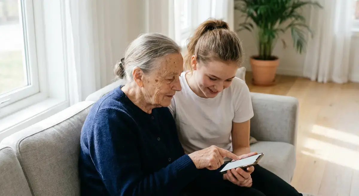 Bestemor og barnebarn sjekker meldinger sammen