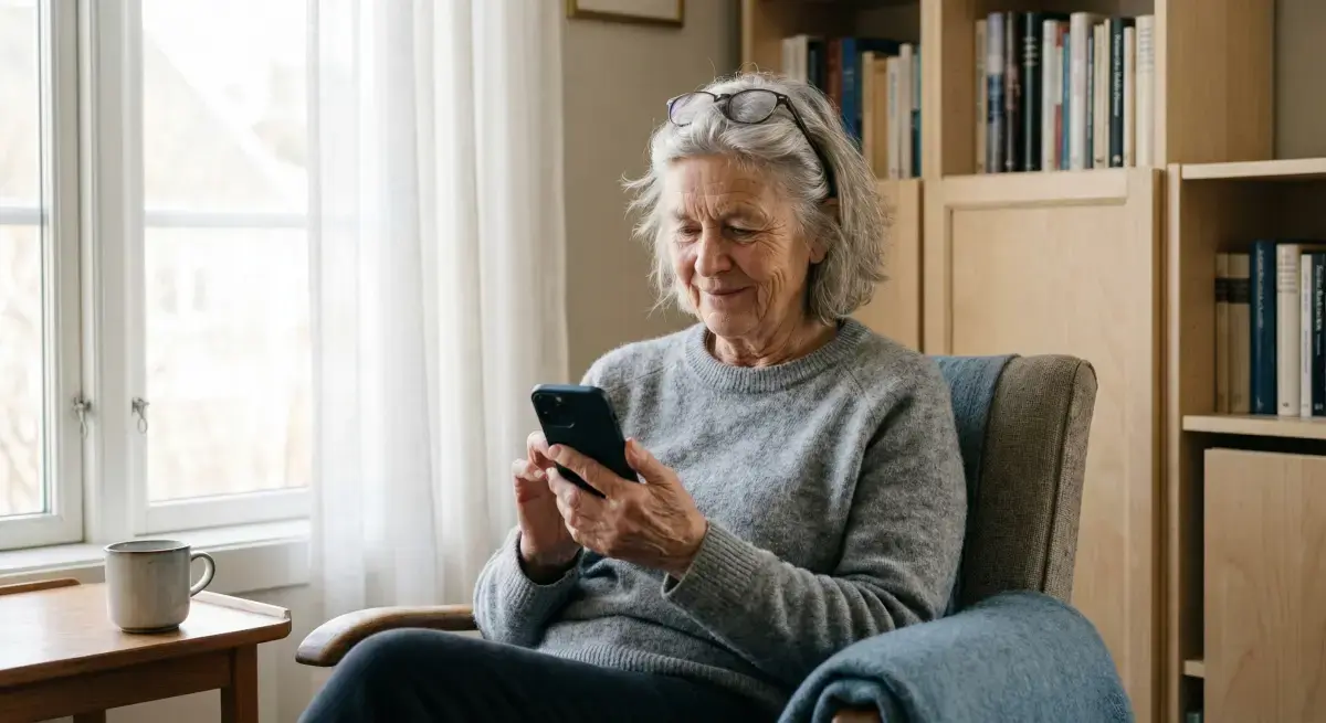 Eldre person som sjekker telefonen trygt
